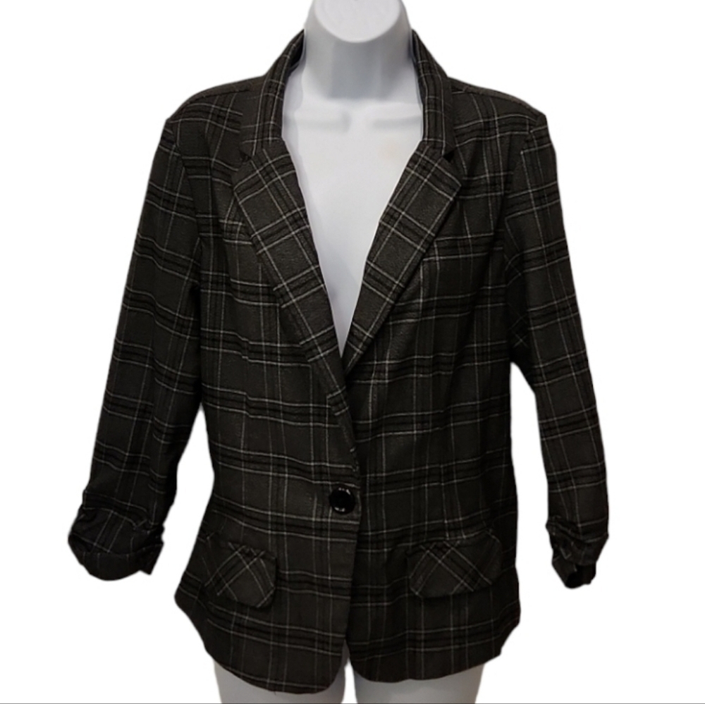 Courtenay Plaid One Button Ruched Sleeve Blazer